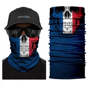 ShopINess Cache-Cou Moto Multifonction Tête de Mort et drapeau– Tour de Cou Sport Homme Femme, Foulard Bandana Masque Crâne pour Moto, Ski, Randonnée, Halloween - Crâne/tête de Mort (France) (ShopINess, neuf)