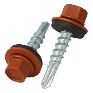4.8 mm x 25 mm Vis de toiture, tête hexagonale autoperceuse colorée (RAL 8004 Brun cuivré) vis de toit avec rondelle scellée en EPDM, vis à gros filets trempés zingués antirouille (50 pièces) (Keple, neuf)