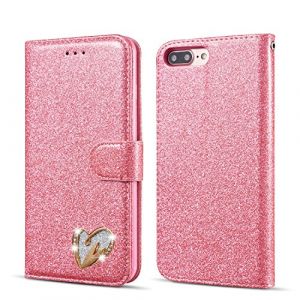 QLTYPRI Étui pour iPhone SE 2022 5G/iPhone SE 2020/iPhone 8/iPhone 7 Coque, Flip Case Étui Paillette Glitter Bling Portefeuille en Cuir Housse avec Porte Carte Magnétique Wallet Cover - Rose (zhihen, neuf)