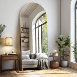 LunaMirror Miroir Intégral 179 x 65 cm Arqué Miroir sur Pied Grand Miroir À Poser au Sol pour Chambre à Coucher, Salon et entrée, Verre Trempé, Cadre en Alliage d’Aluminium Doré (LunaMirror, neuf)