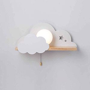 Mignon Nuage Applique murale avec interrupteur à cordon de serrage, lampe de chevet moderne en verre boule d'agneau avec étagère en bois, escalier de salon, couloir créatif, 45 x 21 cm (blanc) (JNCK LIGHTS-FR, neuf)