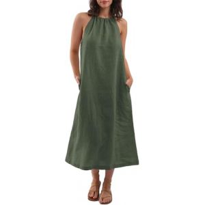Amazhiyu Robe d'&eacute;t&eacute; en lin pour femme - Robe d'&eacute;t&eacute; - Robe de plage longue 100 % lin - Robe maxi pour femme - Dos nu - Robe d&eacute;contract&eacute;e avec ceinture et poches, vert, M (Amazhiyu, neuf)