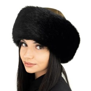 Futrzane Siberian Toque - Chapka Femme Cuir avec Fourrure - Chic Bonnet Hiver (XS, Olivie - Noir Siberian) (Futrzane EU, neuf)
