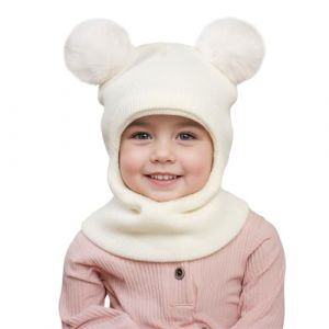 MASOCIO Bonnet Cagoule Bebe Enfant Garcon Fille Hiver Chaud Chapeau Echarpe Cache Cou 12 18 Mois 2 3 4 5 6 7 Bébé Garçon Balaclava Double Pompon Enfants 1-8 Ans Blanc (Ortego, neuf)