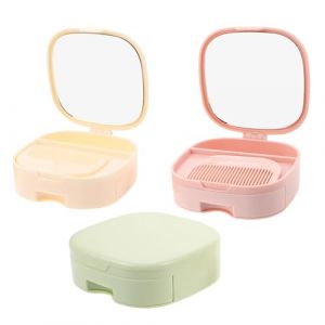 IWOWHERO Organisateur de Maquillage 3 Pi&egrave;ces avec Miroir de Bureau en Plastique Beige Rose et Vert Tiroirs Multi-Couches pour Rangement Compact Trousse de Maquillage de Voyage Miroir (Langeriy, neuf)