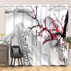 SDOTPMT 107x215cm Montagne Rouge Cerise Fleur Rideau de fenêtre Japonais Peinture à l'encre Rideaux de fenêtre Oriental Traditionnel Rideaux Opaques pour Salon Rideaux occultants, 2 Panneaux Style C (SDOTPMT, neuf)