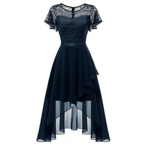 Wedtrend Robe de Soir&eacute;e Femme &Eacute;l&eacute;gante, Robe de Cocktail High Low avec Dentelle A Ligne pour Mariage, Robe Courte, Robe de F&ecirc;te Femme A Ligne, Robe Vokuhila, bleu marine, L (WedTrend, neuf)