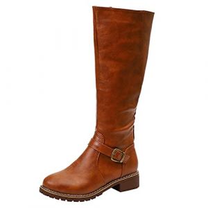 Susenstone Bottes Mollets Larges Plates Sexy Boots Femme Cuir Moto Vintage Boot Equitation Bottes d'hiver Confortables Santiags Haute Botte Femmes Bottes Bottines Talon Carr&eacute; Boots (⭐⭐⭐⭐⭐Susenstone, neuf)