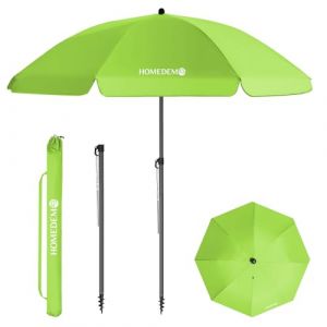 HOMEDEMO Parasol Plage Inclinable avec Revêtement Argenté, Protection Solaire UV50+, avec Pied d'Ancrage à Visser & Housse de Protection, pour Terrasse, Piscine, Marché, 180cm, Vert Pomme (Uniquy, neuf)