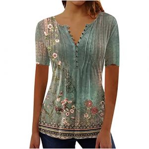 Chemisier Femme Chic et Élégant Manches Courtes Tshirt Chemisiers Et Blouses Grande Taille Imprimé Plissé Henley Tunique Tops Col V Blouse de Soie Boheme Haut Tunique Été Tee Shirt Femmes Solde (⭐⭐⭐⭐⭐AEGJEGVD(5-15 jours Arrivé), neuf)