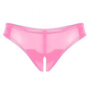 Aislor Culotte Femme Wetlook String Tanga Faux Cuir Ouvert Entrejambe Culotte Thong Bikini Lingerie Coquine sous-Vêtement Nuit Underwear Rose S (Aislor EU, neuf)