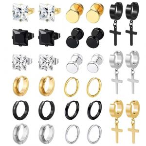 BVLAGIDA 15 Paires Boucle d'Oreille Homme, Acier Inoxydable Boucles d'Oreilles, Noir Argent Gold Clous d'Oreilles, Boucle d'Oreille Créole, Boucles d'Oreilles Faux Plug pour Homme Femme (MULIU official, neuf)