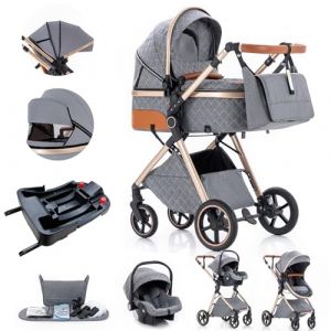 Gcarebb Syst&egrave;me de voyage 3 en 1 avec base Isofix, poussette avec poign&eacute;e r&eacute;glable en hauteur, landau de voyage avec housse de pluie, poussette pour b&eacute;b&eacute; avec cadre en aluminium pour nouveau-n&eacute; (Gcarebb, neuf)