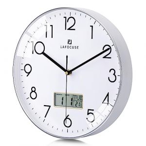 Lafocuse Horloge Murale Calendrier LCD avec Date Thermomètre, Moderne Silencieuse Pendule Murale Argent, Quartz sans Tic-tac Déco pour Salon Chambre Bureau Cuisine 30cm (QuareBest, neuf)