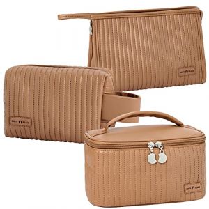 Linpr 3 Pi&egrave;ces Trousse Maquillage Femme, Grande Trousse de Toilette Voyage pour Fille, Trousse de Maquillage Ray&eacute;e en Cuir PU, Jolie Pochette de Maquillage pour Femmes et Filles (Caf&eacute;) (Linpr, neuf)