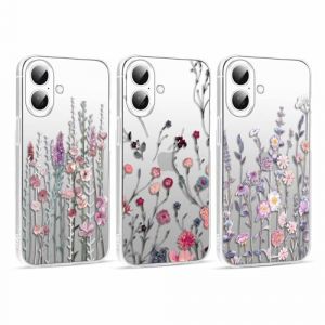 Foonary 3 Pi&egrave;ces Transparente Coque pour Apple iPhone 16 6,1", Etui Aesthetic Fleur Motif Dessin Housse, Souple Silicone Cover Antichoc Bumper Protection Case pour iPhone 16, Fleur 01 (BAROR TRADING, neuf)