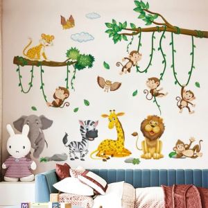 Lot de 2 stickers muraux - Motif animaux de la jungle, arbre, vignes, &eacute;l&eacute;phant, girafe, lion, singe, z&egrave;bre, chouette - D&eacute;coration murale pour chambre de b&eacute;b&eacute;, chambre &agrave; coucher (ningbaishangmao, neuf)