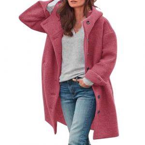 Vestes d'hiver pour femme - Longue laine - Veste d'automne longue en laine élégante - Vestes de transition chaudes - Grandes tailles - Manteau en laine avec capuche - Veste en peluche - Manteau (Ru-xei, neuf)