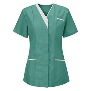 Tunique M&eacute;Dicale Femme Col en V Manche Courte Blouse Infirmiere Uniforme De Travail Haut Et Pantalon Tenue Aide Soignante Professionnelle Esth&eacute;Ticienne V&ecirc;Tement Lavables Durables Ensemble (HAOLEI  FR, neuf)