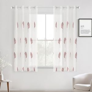 MIULEE Rideaux Voilage Court avec Beau Motif de Feuilles Rose Foncé et Blanc, Intérieurs Rideau Voile Brodé a Oeillets Largeur 140 CM Hauteur 175, Petit Voilage Fenetre Moderne Chambre Cuisine (MIULEE HOME, neuf)