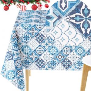 KP HOME Nappe en Toile Cir&eacute;e Rectangulaire 250 x 140 cm - Imperm&eacute;able et Facile &agrave; Nettoyer, Housse de Table en PVC - Nappe Plastique avec Motif Tuile Portugais, Couleur Bleu Marine Blanche (BonizStyle, neuf)