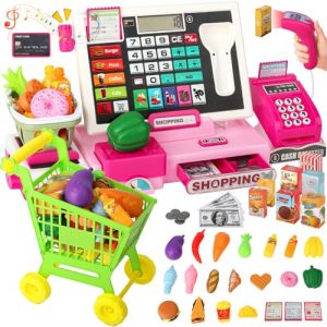 Caisse Enregistreuse Jouet Enfant R&eacute;elle - Jeu de R&ocirc;le Supermarch&eacute; avec Caddie et Argent - Cadeau &Eacute;ducatif pour Gar&ccedil;ons et Filles de 3, 4, 5, 6 Ans (Rose) (Blinksy BuyNest Marketshop Kft., neuf)