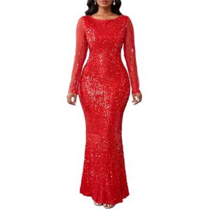 VERWIN Robe Femme &agrave; Paillettes Bodycon Robe Col Rond Manches Longues &Eacute;tincelante Sir&egrave;ne Maxi Robe D&eacute;contract&eacute;e de Soir&eacute;e Cocktail, Rouge, M (VERTTEE, neuf)