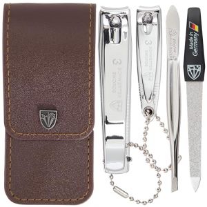 DREI SCHWERTER Kit de manucure allemande &laquo; Bari &raquo; - 4 pi&egrave;ces en cuir synth&eacute;tique marron Contenu : pincettes, lime &agrave; ongles saphir, coupe-ongles &agrave; doigts, coupe-ongles pour pieds, parfait pour tout (Drei Schwerter GmbH_1, neuf)