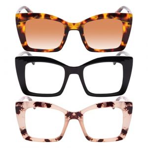 QXEYEGLAS 3 Pack lunettes de lecture surdimensionn&eacute;es Oprah 1.0 pour femme avec lunettes de soleil de lecture, grand lecteur d'ordinateur &eacute;l&eacute;gant de anti-lumi&egrave;re bleue avec protection UV400 (weiruirui, neuf)