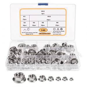 Belle Vous 140 Pièces Ecrou a Embase en Acier Inoxydable - M3, M4, M5, M6, M8, M10 & M12 - Écrous Hexagonaux avec Boite de Rangement - Collerette Dentelée pour Pedalier Velo et Bricolage (Tinyyo Europe, neuf)