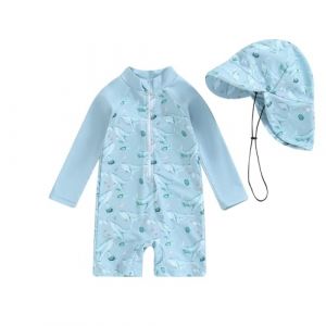XIXIMAON Maillot de Bain Bébé Garçon Anti-UV Combinaison Natation Manches Longues et Chapeau de Bain Ensemble Piscine Plage Plongée Surf (Bleu Clair Carton, 12_months-24_Months) (qiyuesheng, neuf)