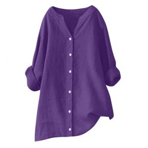 RLEHJN Chemise Femme Lin Tunique Femme Longue Chemisier Coton Et Lin Pour Femmes Col En V Bouton Manche Longue Tops Couleur Unie Lâche Respirant Tunique Grande Taille Pas Cher Chemise De Travail Ample (⭐⭐⭐⭐⭐RLEHJN, neuf)