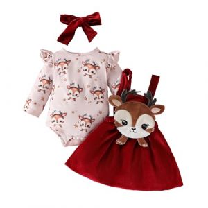 Nouveau-né Bébé Fille Vêtements 3Pcs Ensemble Jupe Porte Jarretelles et Haut Combinaison à Volants Manches Longues +Bandeau Tenue Set Infantile Automne Hiver 0-18M (Rouge Renne, 9-12 Months) (BAOLILU, neuf)