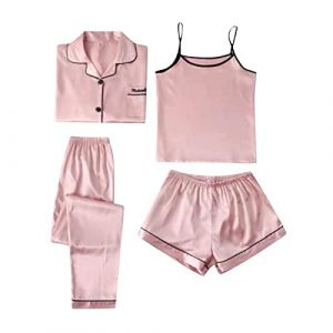 Pyjama Femme 4 Pi&egrave;ces - Ensemble Pyjama en Satin Sexy Robe de Chambre d'&eacute;t&eacute; Pyjamas de Fille en Soie V&ecirc;tements de Nuit Manches Courtes Chemise de Nuit Robe de Chambre avec Boutons T-shirts + Top + (Cy.betony, neuf)