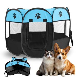Enclos pliable pour chiots, chats, petits animaux, 74 x 74 x 43 cm, pour la maison, pour chiens, chats, lapins, int&eacute;rieur et ext&eacute;rieur, bleu (CHANGSHENGUK, neuf)