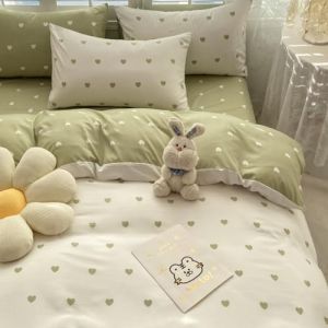 Freyamy Housse de Couette 140x200cm+1 Taie d'oreiller 65x65cm Coeur Imprim&eacute; Blanc Vert Parure de lit Motif du C&oelig;ur Ado Adulte Filles Sets de Housse Couette en Microfibre avec Fermeture &Eacute;clairs (Mitchell'SZ, neuf)