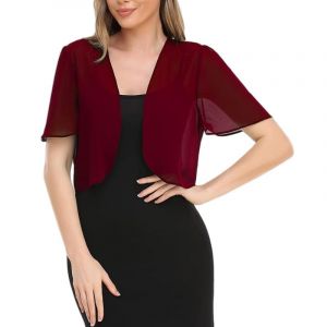 CuLtP boléro cérémonie Boléro Court en Mousseline De Soie pour Femme Cardigan Transparent Léger À Manches Courtes Chemisier De Mariage Boléro Robes De Soirée Châle Bordeaux XXL (YJJMYGS, neuf)