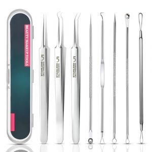 8 Pi&egrave;ces Extracteur Point Noir en Acier Inoxydable,Blackhead Remover Outil, Tire Com&eacute;don Point Noir avec &Eacute;tui pour Nettoyage Complet du Visage et &Eacute;limination des Boutons (CHRYSANTHOU-ANTONIA, neuf)
