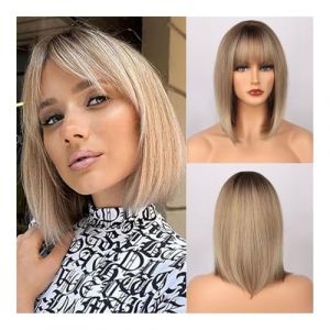 Perruque de cheveux humains haut de gamme, Perruque Bob courte et lisse jaune foncé for femmes, ensemble de cheveux en Fiber chimique, tendance, cheveux courts, aspect naturel et port confortable (WangCaiXia SHOP, neuf)