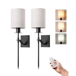 EDISHINE Applique Murale Int&eacute;rieure sans Fil 2 Pcs, T&eacute;l&eacute;commande & E27 RGBW Ampoule Dimmable et Rechargeable, 3000K-4500K-6000K, Abat-jour Beige, Base Noir pour Salon, Chambre, Couloir (DewenwilsDirect, neuf)