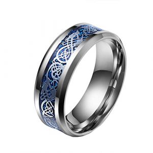 PAMTIER Dragon Bague Hommes 8mm Fibre Carbone Celtique Dragon Acier Inoxydable Bague Carbure Mariage Argent Bleu Dargon Argent Taille 68 (BrandPAMTIER, neuf)
