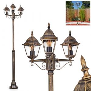 Luminaire d'ext&eacute;rieur Naofe, lampadaire en m&eacute;tal/verre en noir/or/marron/transparent, cand&eacute;labre au look antique, hauteur max. 220 cm, &eacute;clairage de jardin IP44, 3 x E27, sans ampoule (hofstein, neuf)