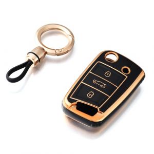 OFF WE GO Coque de Cl&eacute; Voiture avec Porte-cl&eacute;s pour VW Golf 7 Coque de cl&eacute; TPU 3 Bouton Accessoire cl&eacute; de Voiture pour Golf 7+ Variante Polo Seat Leon Skoda Rapid Passat Arona Kodiag, Or Noir (OFF WE GO, neuf)