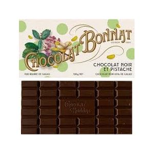 Tablette de chocolat noir 65% de cacao et pistache. 100 gr. Chocolat BONNAT (LE PALAIS D EMMA, neuf)
