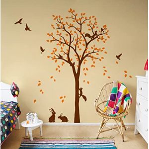 Sticker mural grand arbre avec oiseaux, écureuils, lapins et lapines Décoration murale de chambre d'enfant 095 (Marron, Orange) (Studio Quee, neuf)
