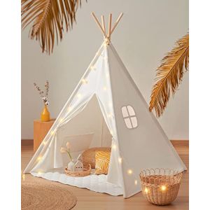 Tipi Enfant avec Tapis & Lampes & Mallette de Transport, Maison Cabane,Blanc Toile Jouent Tente-Jouets pour Filles Jeux Intérieurs et Extérieurs (Tiny Land UK, neuf)