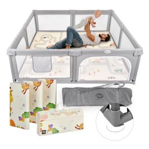 MS BabyWorld - PARC XXL + TAPIS FANCY - Tapis de Jeu pour Bébé (180x200 cm) Réversible | Très Rembourré (1,5 cm d’Épaisseur) | Pliable avec Sac de Transport (SLEEP & PLAY, neuf)