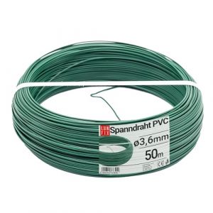 C&acirc;ble acier galvanis&eacute; &Oslash;3,6mm, 50m, vert, rev&ecirc;tement PVC, fil tension pour cl&ocirc;ture jardin, grillage, treillis plante grimpante, tendeur, corde &agrave; linge ext&eacute;rieur, montage robuste (LUN FIX, neuf)