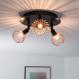 Lightbox Spot de plafond à LED 3 flammes - Spot de plafond avec abat-jour élégant en fil métallique et têtes pivotantes - Métal noir/cuivre (Lightbox-Shop, neuf)