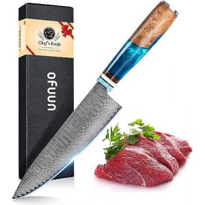 oFuun Couteau de Chef Damas, Couteaux Japonais Professionnelle en Acier Damas 67 Couches, Lame de 20cm Ergonomique Résine Bleue Handle avec Boîte Cadeau (Hutt-FR, neuf)